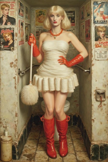 dgr painting.
A slim Swedish woman stands confidently in a small, dingy restroom. She platinum blonde bob haircut and a fringe bangs. She is wrapped in rolls of white bandages like a mini dress, and wear bright red rubber gloves and matching boots. She holds a large toilet brush with a playful smile, juxtaposing glamour with an unexpected setting. The surrounding walls, adorned with worn posters, add a gritty, urban edge to the surreal, fashion-forward scene. 
  <lora:dgr1_cap_d6a3e8:1.0><lora:819496562272195723:0>