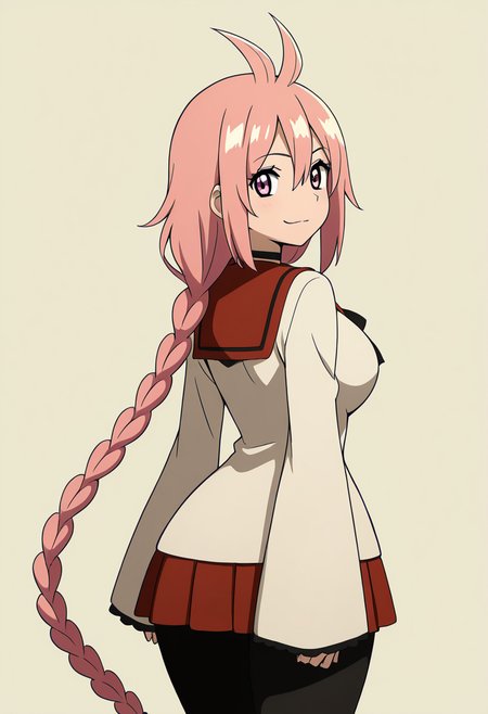 masterpiece, best quality, solo, curvy, beautiful eyes, large breasts, aged up, narrow waist, wide hips, 1girl, solo, smile, looking at viewer,   zzKaede, pink eyes, hair between eyes, ahoge, antenna hair, long hair, pink hair, single braid,  school uniform, choker, sleeves past wrists, red skirt, black pantyhose,   ,<lora:KaedeByKurumiErika_IXL:1.0>, over the shoulder, cowboy shot, smirk, looking back,  looking at viewer,