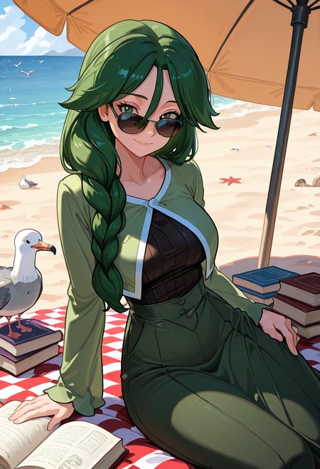 masterpiece, best quality, 1girl, solo, eyelashes, (beautiful eyes),      zzCheryl, green eyes, single braid, hair over shoulder, beach, picnic blanket, book, sunglasses, relaxed expression, seagulls, ocean breeze â Reclining on a checkered blanket under the open sky, Cheryl turns the pages of a book, her braid tucked lazily over one shoulder. Her sunglasses reflect the sea, and a relaxed expression graces her face. Seagulls wheel overhead as the salty wind flutters the pages, mixing peace and motion in this serene coastal moment.   ,<lora:CherylPokemon_IXL_v2:1.0>,