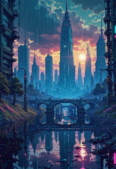 futuristic skyscraper, tower, arc, cybercity, neon signs, utility pole, rain, reflections, cloudy sky, dramatic sunset, sun rays, light particles, lens flares, pond, bridge, gothic architecture, scenery, no humans, cyberpunk, science fiction, dystopian, landscape, anime screencap,  painterly, volumetric lighting, no line art, no outline, photo (medium), fine art, masterpiece, best quality, good quality, very awa, very aesthetic, absurdres, newest, 8k, high contrast, in the style of cknc,