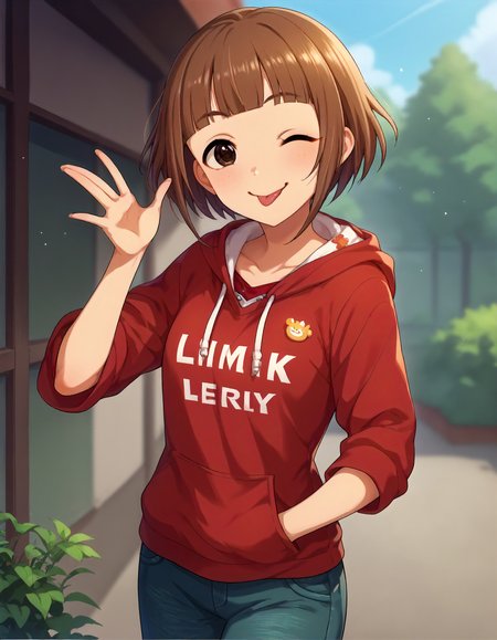 score_9,score_8_up,score_7_up,1girl,solo,cowboy shot,looking at viewer,smile,wink,tongue out,outdoors,
<lora:kitamiyuzu_ponyXLV6:0.8>,cgky,
brown hair,short hair,blunt bangs,brown eyes,
red hoodie,pants