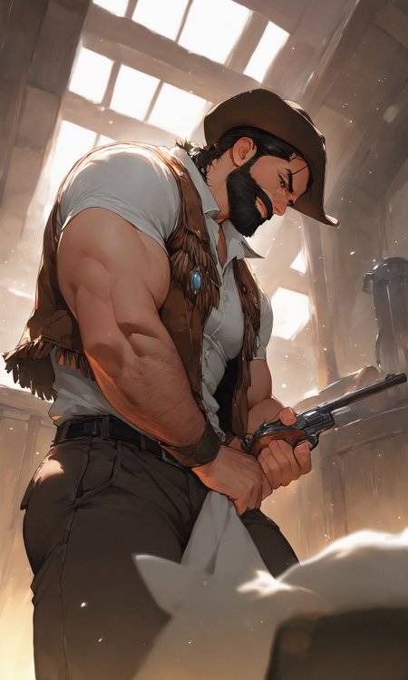 (masterpiece, best quality, high quality, absurdres, high detail),(gay:1.2), (1boy, mature male, muscular), toned, cowboy western, gunman, indoors, trending on artstation, perfect perspective, depth of field<lora:NoobMale:1>