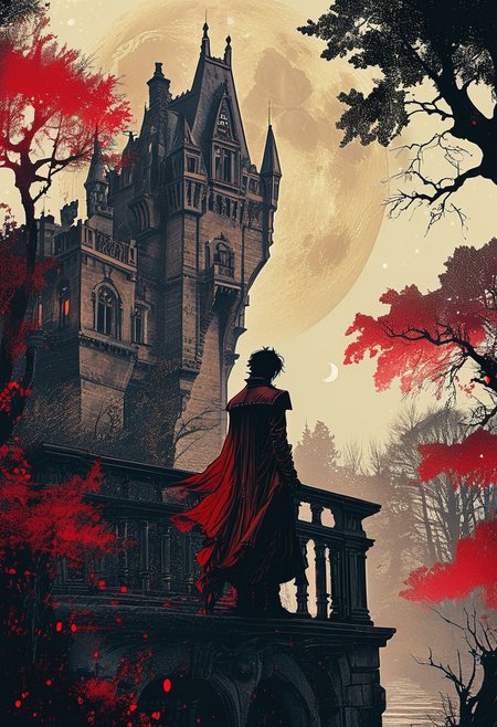 linquivera,  Ink illustration, (anime:0.5), brown tones, aged black red paper, inkpunk, moonlight,surreal, a vampire lord standing on a castle balcony in the forest, (at a distance), Will-o'-the-wisp, moonlit, lonely, solitude, windy, tall trees, willows, willowy,  OverallDetail, extremely detailed, UHD,(long exposure , dystopian but extremely beautiful:1.4),