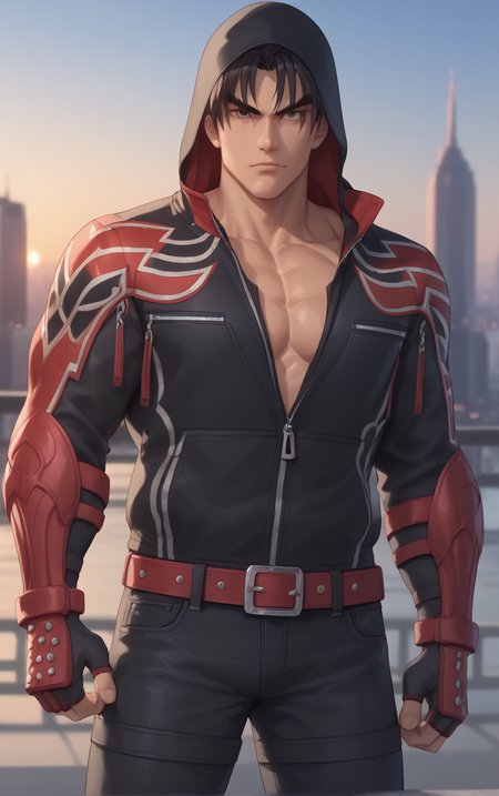 score_9, score_8_up, score_7_up, BREAK 
HoodedJacket_JinKazama_ownwaifu, 
1boy, male focus, short hair, spiked hair, black hair, hood up, belt, hoodie, pectorals, fingerless gloves, gloves, jacket, hooded jacket, pants, armor, gauntlets, muscular, black pants, hair between eyes, collarbone, muscular male, pectoral cleavage, scar, zipper, black jacket, denim, jeans, spikes, bara, black gloves, large pectorals, red gloves, black hoodie, red armor, thick eyebrows, zipper pull tab,
(contrapposto, hand on hip), sunset, sidelighting, cityscape, vanishing point, outdoors, <lora:PONYXL_TEKKEN_JinKazama_ownwaifu:1> , depth of field, solo,