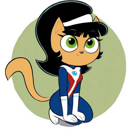 K1tty_Kat6w3311, 1girl, solo, furry, furry female, animal ears, pointy ears, long hair, black hair, hairband, blunt bangs, flipped hair, green eyes, animal nose, body fur, orange fur, cat tail, headgear, blue / red / black chest jewel,silver chest jewel,multicolored bodysuit,elbow gloves, full body
