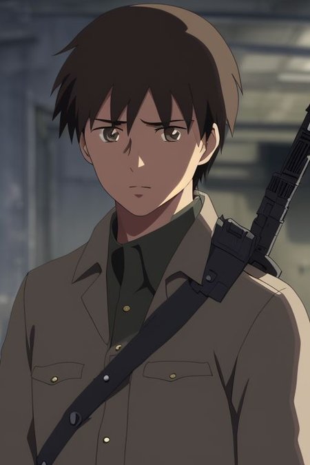 high resolution, solo, best quality, 1Boy, Takaki Toono, Brownish Hair, Brown Eyes, military, action, OverallDetail