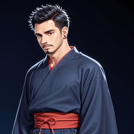 1man, skin tanned, black shoulder-length shaggy hair,  red eyes, thin eyebrows, ear piercing, small goatee, wearing black Japanese tunic with scarlet edges, alone, looking forward, athletic body, masculino, bara.