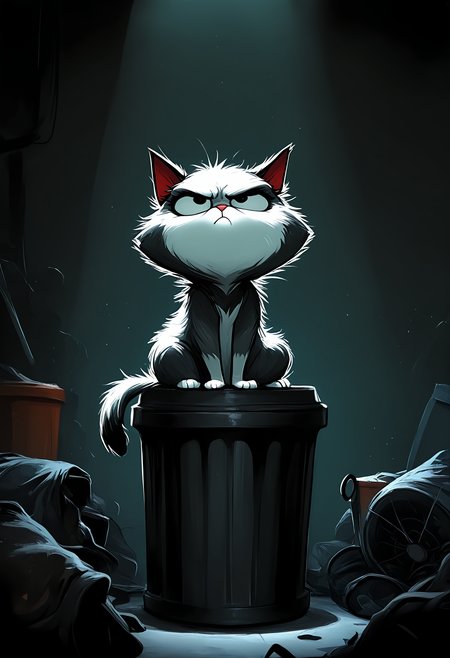 masterpiece, best quality, good quality, very awa, very aesthetic, absurdres, newest, cat, solo, animal focus, grumpy cat, general, otdoors, trash_can, sitting, sitting on trash_can, night, spotlight, scenery, volumetric lighting, masterpiece, best quality, good quality, very awa, very aesthetic, absurdres, newest