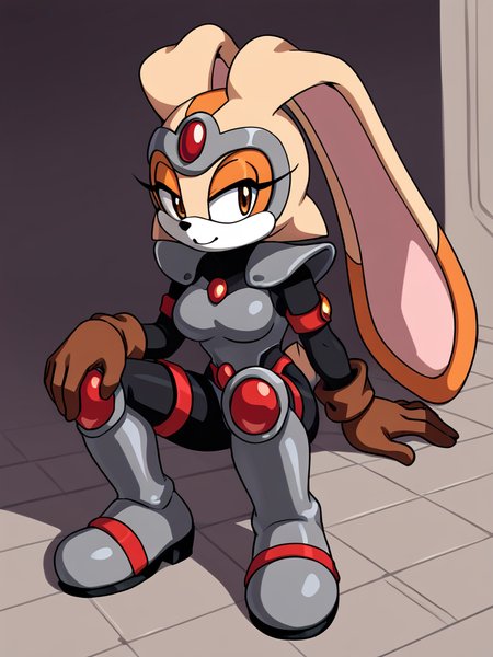 score_9, score_8_up, score_7_up, <lora:Cream_the_Rabbit_Pony:0.8> cre4mth3r4bb1t, Furry, furry female, animal ears, animal nose, rabbit ears, rabbit girl, tail, brown gloves, multicolored fur, <lora:JennyBOHXL:0.6> JennyBOHXL, anthro furry, long hair, grey helmet, forehead red jewel, medium breasts, grey armor, red jewel, shoulder armor, black bodysuit, armlet, guantlets, black gloves, armored boots