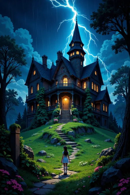 a creepy old mansion beautiful anime landscape, rain and storm, woman, very intricate, very detailed, sharp, bright, colorful, <lora:Hand v2:0.5> <lora:Anti-Blur:1><lora:Insane Detail Slider:0.25>  <lora:flux.1_lora_flyway_Epic-detail_v2:0.3> <lora:fluxenhancer:0.25> <lora:ROWER:0.6> <lora:flux-charmer-v1-1:0.4> <lora:Colorful_Fantasy_Art_for_FLUX:1> fantasy art