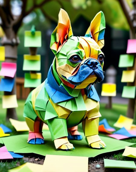 a colorful french bulldog puppy made out of Jed-StickyN, dynamic pose, dynamic angle, intricate details, ultra wide shot, zoomed out, shallow depth of field,
<lora:StickyNotesStyle:1>,  <lora:add-detail-xl:0.5>,  <lora:sd_xl_dpo_lora_v1:1>, set in a green dog park made of paper,  <lora:TQ_-_Fairy_Tale_Origami_Paintings:0.7>