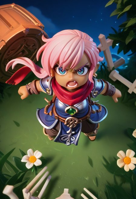 score_9, score_8_up, score_7_up, score_6_up, score_5_up, score_4_up, 1girl, Gnome, short stature, big eyes and ears, pink hair, single ponytail, blue eyes, ((dark skin)), outdoors, night, dark, cloudy, night sky,cloudy, detailed, beautiful, cute eyes, open mouth, warrior armor, shield, fantasy armor, green jewel on breastplate, red scarf flapping in wind, large brown backpack, 4fingers, fist, flowers, trees, standing on grass, angry, determined, fight, surrounded, from above, high angle, heroic, graveyard, monster, skeletons, depth of field,