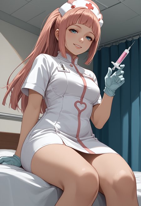 score_9, score_8_up, score_7_up, source_anime BREAK 1girl, solo,  <lora:felicia-fe-richy-v2_pdxl:1> flcrnd, blue eyes, pink hair, long hair, ponytail, blunt bangs, breasts nurse cap, nurse, impossible clothes, gloves, holding syringe, large syringe, bed, from below, seductive smile, sitting