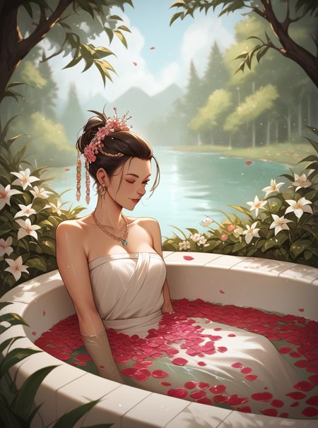 score_9, score_8_up, score_7_up, score_6_up, score_5_up, score_4_up,  source_anime, 1girl, solo, Faux Hawk Updo with Hair Rings, hair ornament,  hud_sp_bth, flower, petals, water, bath, <lora:hud_sp_bth_XLP:0.7>, scenery