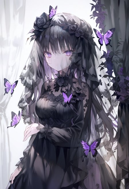 masterpiece, best quality, <lora:oninekoXL_ANI31_lokr_V43P1:0.95> 1girl, butterfly, bug, solo, veil, black flower, black rose, purple eyes, black hair, long hair, looking at viewer, upper body, flower, dress, black dress, purple butterfly, rose, closed mouth, hair ornament, hair flower, long sleeves, expressionless, white background, breasts, curtains