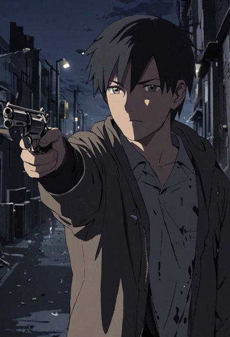 Highres, Masterpiece, High Quality, 4K, 8K, solo, 1Boy, Takaki Toono, adult, black hair, short hair, potrait, midnight, quiet street, big city, dim street lights, scattered trash, dirty, cold, tense, mysterious, sharp eyes, merciless, threatening, pointing a gun, revolver, weapon, pointing at the viewer, threatening, easynegative, detailed_eye_model