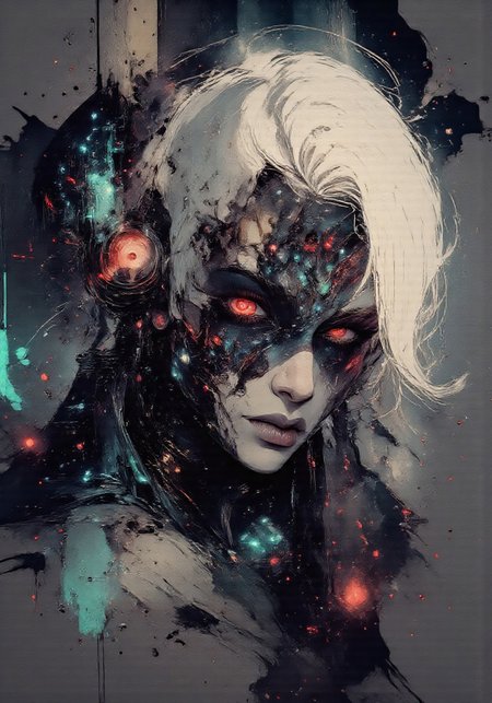 score_9, score_8_up, score_7_up, ultra detail, masterpiece, best quality, amazing quality, aidmainkstyle, Anime art, aidmamj6.1, bo-chromatic, anime, half-human half-cybernetic character, intense red glowing eye, corrupted digital mask covering half face, pale white hair, futuristic and gothic clothing with glowing gems, scarred flesh blending into dark glitchy tech patterns, elegant yet intimidating expression, cyber-fantasy setting, dark sci-fi aesthetic, detailed digital painting, high contrast lighting, anime style
