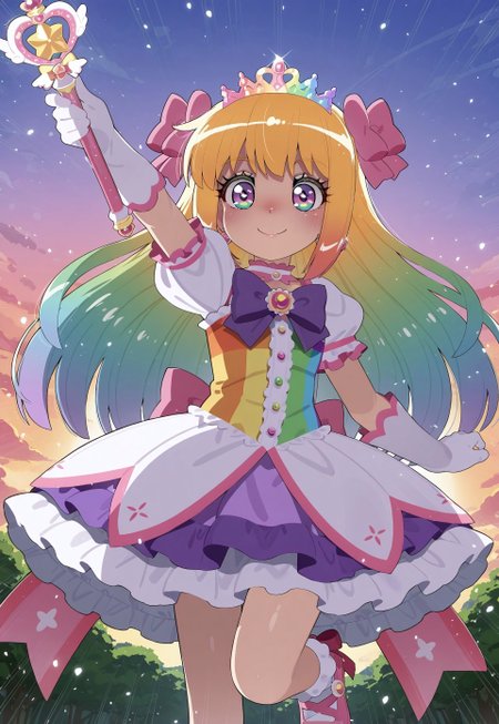 Mizumizuni, 1girl, rainbow eyes, pastel rainbow hair, multicolored hair, gradient hair, long hair, masterpiece, best quality, absurdres,
(pastel colors, pastel blue, pastel orange, pastel green, pastel purple), pastel rainbow magical girl, padded magical girl dress, kawaii, frilled skirt, thighhighs, padded pastel rainbow dress, multilayered dress, petticoat, padded dress, puffy short sleeves, elbow gloves, rainbow tiara, gem brooch, large bow, ribbons, lace trim, frills, satin, sparkles, glitter, heart earrings, rainbow accessories, jewelry, bobby socks, frilled mary janes,
lipgloss, eyelashes, blush, light makeup,  
outdoors, nature, clouds, sunset,
solo, feet out of frame, standing on one leg, happy smile, one arm up, holding magical girl wand, heart scepter,
intricate, highly detailed, majestic, shallow depth of field, movie still, circular polarizer, light reflections, light particles, particles, sun rays