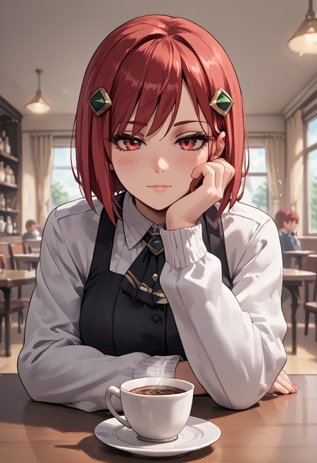 score_4,score_5,score_6,score_7_up,score_8_up,score_9 ((masterpiece,best quality,ultra detailed,highres,HD,4k:1.2)), 
1girl, solo,solo focus,girl focus,face focus,
red hair,red eyes,short hair,hair ornament,large breasts,
indoor, cafe, sitting,((pov date, across table pov, across table)), Coffee on the table,hand, right_hand,right_hand touching face, left_hand, left_hand on table, left_hand placed horizontal, Expressionless,blush,