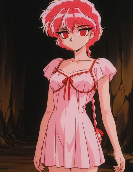 masterpiece, best quality, female focus, solo, empty eyes, mind control, expressionless, cowboy shot, nightgown, 
 <lora:Hikaro:1>, hikar0, 1girl, red eyes, black eyes, pink hair, short hair, retro artstyle, single braid,