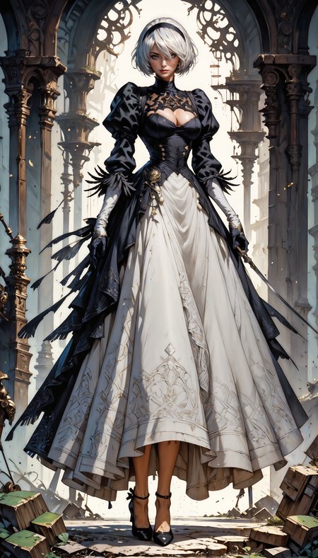 score_9, score_8_up, score_7_up,  YoRHa No. 2 Type B, 2B (Nier Automata), victorian style, 2B outfit, full body  <lora:Expressive_H-000001:0.8>, expressiveH  <lora:Fant5yP0ny:0.9> <lora:Pony_DetailV1.0:0.9>  <lora:nostalgia-000011:0.8> retro