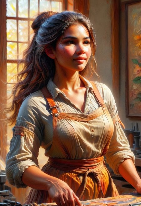 (Oil painting) Khmer woman artisan with glowing clear skin and a gentle smile, standing in a sunlit workshop. She wears a cute, slightly smudged apron, her long hair cascading softly around her shoulders. The warm golden light streams through large windows, casting intricate shadows on her body. Sun-kissed highlights illuminate her face and arms, while soft warm shadows play across the background. The scene captures a romantic atmosphere, inspired by the styles of Winslow Homer and Thomas Eakins.
Strong wiry build, Beautiful sexy busty. Her full lips curve into a gentle smile. Long, silky black hair frames her heart-shaped face.  Strong hands delicately working on an intricate craft piece.  Her graceful magical movements and posture exude confidence and skill. Sun-kissed highlights accentuate her curves.