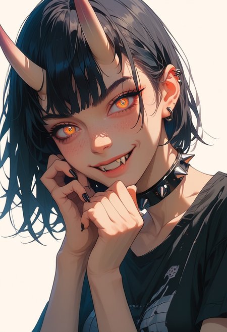 score_9, score_8_up, score_8, score_7_up, score_7,  adult female,,     detailed eyes, big open eyes, long straight hair, dark eyebrow, freckles, ear piercing,  anime girl, short,, cute, easynegative, whole body,  head to toe view, whole body visible, 
(Masterpiece), (best quality), score_9, score_8_up, score_7_up, score_6_up, source_anime BREAK, <lora:aliciarenato-pdxl-nvwls-v1-000004:1> , perfecteyes, negative_hand, 1 adult female, girl, female, oni horns, grey skin, black sclera, iridescent pupils, closed mouth, fangs, medium breasts, black t-shirt, black shorts, shorts tilted to the side, black belt, spiked neck collar, short black hair, spiky hair, focus on face, black sandals, black nails, white background, standing, peachhands
Expressiveh,
volumetric lighting, detailed skin,perfect eyes,