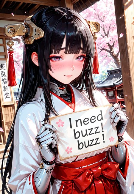 score_9,(masterpiece, best quality, dynamic angle), Best Quality,8k, 1girl,18years old,humanoid,cute,(kawaii),blunt bangs, long black hair, miko girl, 
BREAK
need_buzz, holding sign by japanese paper, cute thick round eyebrows, white juban and red hakama, shy expression, blushing, greeting earnestly, bright spring sunlight, clear refreshing day, cherry blossoms fluttering, traditional Japanese shrine background, soft lighting, delicate atmosphere, heartwarming scene,
break,
mechanical face skin,white mechanical head gear parts,(white mechanical skin,white mechanical arms and hands:1.1),mechanical upper breasts,
break,
(close-up face:1.4),
