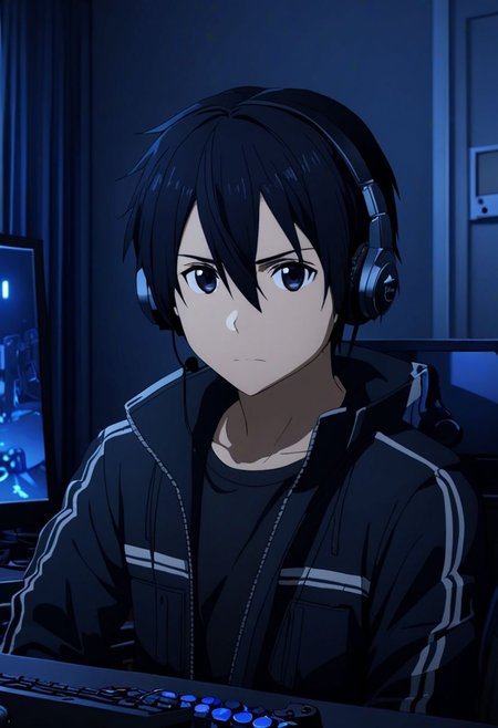 high resolution, professional photography, best quality, 1Boy, Kirigaya Kazuto, Black Hair, Black Eyes, overalldetail, gamer, bedroom, night, pc, sit, headset, potrait