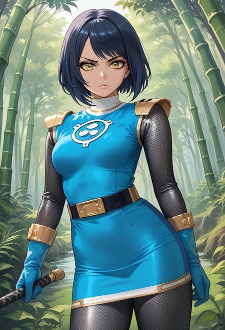 score_9, score_8_up, score_7_up, BREAK,
1girl, solo, BREAK,
sentaikageblue, shiny clothes, spandex, BREAK,
silver bodysuit, fishnet bodysuit, bodysuit under clothes, aqua dress, shoulder pads, aqua skirt, black belt, BREAK,
aqua gloves, no headwear, BREAK,
ku70u5a4a, dark hair, short hair, yellow eyes, medium breasts, thick thighs, BREAK,
standing, serious, BREAK,
dutch angle, outdoors, forest, bamboo, evening,