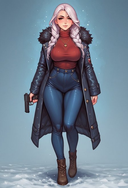 score_9, score_8_up, score_7_up, BREAK,
1 girl, portrait, winter jacket with fur hood, long hair, winter, snowfall, 1girl solo, white hair, looking at viewer, bangs, day, blue sky, hair between eyes, outdoors, blush dramatic lights, relax, ((long big pistol in hands, handgun in hands)) 
(((full-clothed))),
BREAK 
(lane background:1.5) score_9, score_8_up, score_7_up, score_6_up, source_cartoon, rating_explicit, Expressiveh, (((((full body))))), dynamic pose