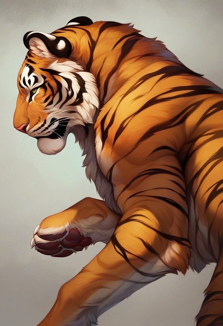 score_9, score_8_up, score_7_up, zzCitronLegacy, Tiger, half-side view, paws,  The tiger has big paws, best quality, high  detail, 4k, upscaled, enhanced, detailed background,