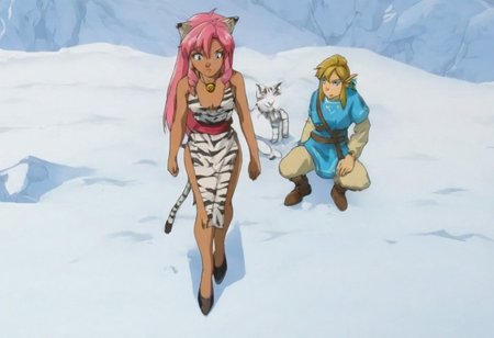 Pink_DragonPink, 1girl, sleeveless dress, white tiger print dress, pelvic curtain, cleavage, cat bell necklace, white tiger tail, red sash, small breasts, leather shoes, masterpiece, very aesthetic, <lora:pink-illustrious:1>, 
Break
1boy,Anime screencap,link (zelda),blonde hair,blue eyes,pointy ears, low ponytail, sidelocks, wearing blue hyilian tunic,
Break
Peak of tall snowy mountain, standing in the snow, during a sunny day, pink and link admiring the view, looking over the peak, standing side by side, view focus on the horizon