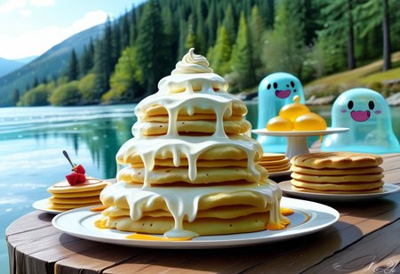{foodphoto, a stack of pancakes made out of slime, (slime pancakes:1.5), slime syrup, pancakes covered in syrup, a swirl of whipped topping on top of a stack of pancakes, (slime whipped cream:1.5), (tan slime pancakes:1.5), (white slime topping:1.5)}, 
plate made of slime, table made of slime,
natural light, no bright spots, 
((translucent slime)), ((transparent slime)), made of water, (bioluminescent slime), sl1m3d, slime, slime-morph, ais-blmn, saturated colors, no creatures, no humans, no monsters, no pokemon, scenery only, scenery, no slime creatures,