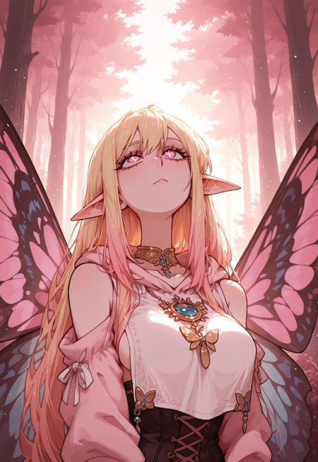 masterpiece, best quality, very aesthetic, absurdres, ambient light, soft light, SagawaStyle, Rapscallionstyle, light particles, vanripper, artist:moriimee,
1girl, (pink) gradient hair, shoulders length hair, BREAK
(Masterpiece), (expressive eyes), 1girl, Titania, butterfly wings, large wings, pointy ears, long blonde to pink hair, cloth hoody, ((breast curtain)), necklace, sense of holiness, holy, forest, outdoors,