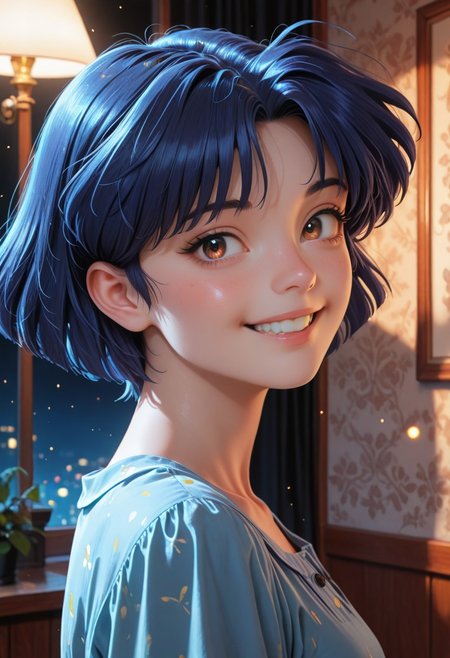 HDR, 8K, high contrast, masterpiece, best quality, amazing quality, very aesthetic, high resolution, ultra-detailed, absurdres, newest, scenery, chiaroscuro, 1girl, solo,akane_tendou, short_hair, blue_hair, brown_eyes, cute smile,  teeth, cute eyes, , dim lighting ,looking back at viewer, dark room, face focus, BREAK, photorealistic, beautiful detailed eyes, detailed skin, detailed hair, volumetric lighting, dappled light, light particles, dramatic shadows, cinematic lighting, photo background, <lora:ponyxl\cfg_scale_boost:0.7> h4v_h0l0,