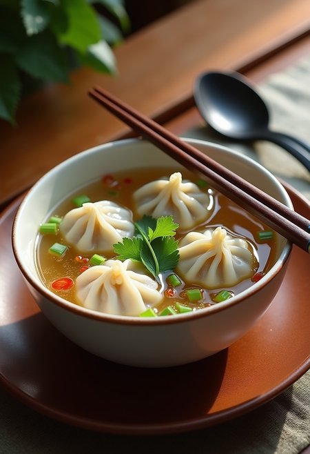 a photorealistic image of a bowl of Chinese dumpling soup. The bowl should be filled with a clear, flavorful broth, showcasing translucent and delicate dumplings. Each dumpling should be plump, with a visible filling of tender meat and finely chopped vegetables. The broth should be clear, with a few green onions and cilantro leaves floating on top for garnish. Add a drizzle of bright red chili oil on the surface for a splash of color and a hint of spice. Include a pair of chopsticks resting on the edge of the bowl and a traditional Chinese soup spoon placed beside it. The background should feature a simple, elegant table setting with warm, natural lighting that highlights the textures and colors of the soup, making it look incredibly appetizing and inviting. Render the image in high detail to showcase the clarity of the broth and the freshness of the ingredients