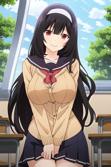 inukai karen,1girl,solo,black hair, hair band,long hair,red eyes,schoold uniform , skirt,classroom , table, chair,window,tree, large breast, cleavage,looking at viewers,cowboy shot ,happy , smile <lora:inukai-000008:0.8>
