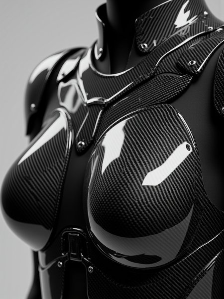 An extreme close-up of a woman's high-tech armored torso, showing the upper chest plating. The armor features a sleek, glossy carbon fiber weave finished with a lacquered clear coat. The basket weave pattern is tightly packed and reflects ambient light with sharp highlights. Slight curvature and edge beveling add depth to the mechanical surface. Focus is on the surface texture and coating reflectivity.
macro detail, carbon fiber gloss test, high resolution, static lighting, product realism





carbonfibermk.1

