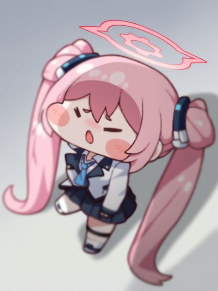 (trickcalcg, chibi:1.4), (blush stickers, blush), blue archive, koyuki \(blue archive\), 1girl, black gloves, black skirt, blue necktie, fingerless gloves, gloves, halo, jacket, long hair, long sleeves, necktie, open mouth, pink hair, pink halo, shirt, simple background, skirt, solo, twintails, very long hair, white background, white jacket, white shirt, 
colorful, (best shadow:1.2), golden hour lighting, (Depth of field:1.2), beautiful detailed glow,  
(masterpiece, best quality, absurdres, highres, newest:1.2), very awa, 