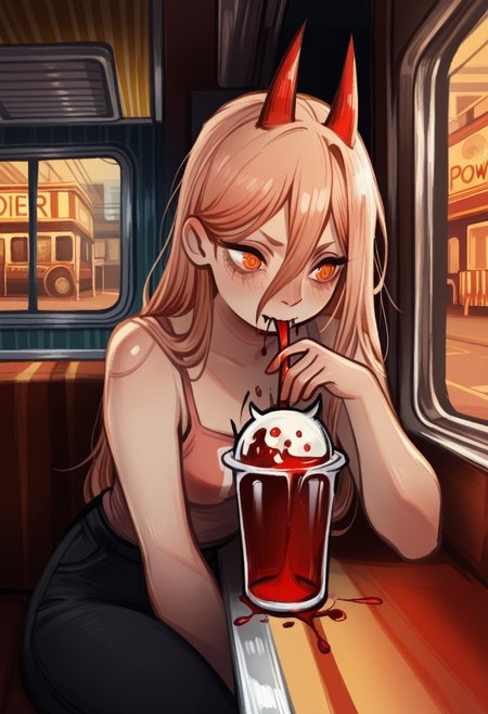d0p4style,  masterpiece,  best quality, solo, power \(chainsaw man\),  red horns, drinking blood smoothie, straw, street, seated in diner, warm colors, window,