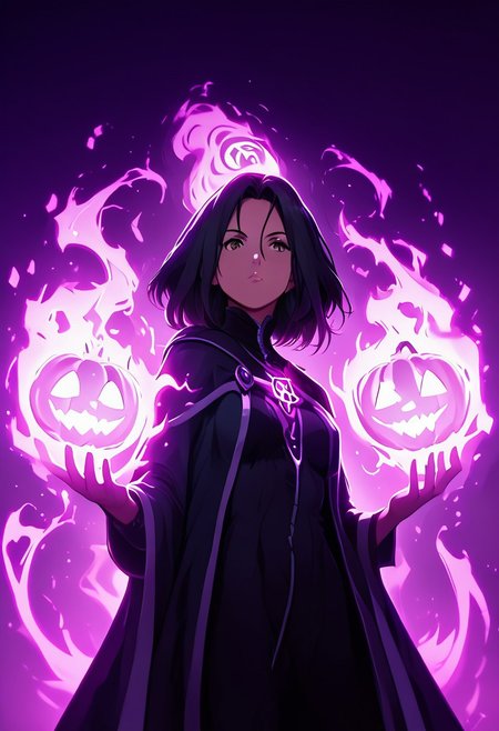score_9, score_8_up, score_7_up, score_6, ultra detailed, side view, whr0b1n, VCuteStyle
minomi, one beautiful girl, yen_w3, mature female, femme fatal, milf, perfect hands, brown eyes, long black hair, attractive, beauty, lumina, mystical, multicolored, glowing, magic swirling, glowing magical energy, Magical pose, it would be, Pose very serious, Green, purple and blue magic, Magic green, magic purple, magic blue, auralora, Sexy and sensual legs, legs apart,
 pentagram necklace, black thighhighs, lace thighhighs, thick, curvy, reij-bewitched, modern magician interior, alchemist interior, gothic, night, neon light, dark dimmed light, looks at the viewer, (floating pumpkins:1.2), upper body, (front view:1.2), from below, reij-drkrt, dark colored shadow, neon details, low contrast, (purple color grading), <lora:reij-darked:0.5>