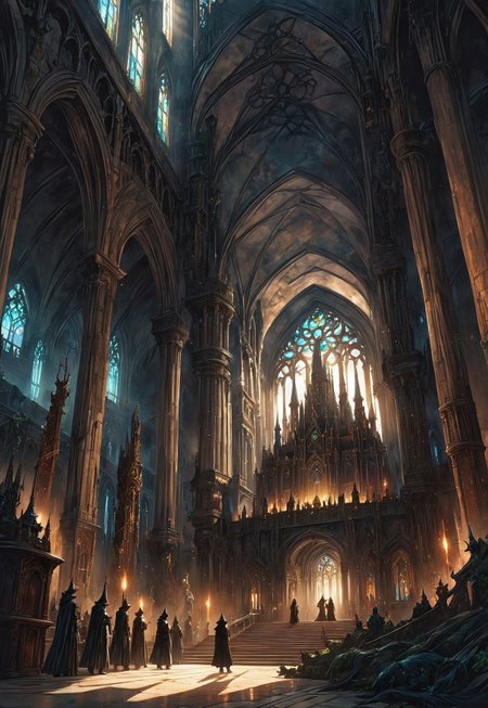 1other, indoors, balcony, (window, stained glass, colorful:1.2), tower, stairs, multiple others, ambiguous gender, fantasy, architecture, altar, standing, weapon, multiple boys, arch, (eye-level on a low-angle high-angle shot of a grand hall:1.2). 

The castle is decorated with antique furniture. Two hooded acolytes, dressed in dark clothing, are performing a dark ritual on a sacrifice tied to an altar. A disturbing and ominous scene, inside a gothic castle., The illustration captures a sense of mystery and intrigue, with a low-angle shot of the castle's grandeur., 

crepuscular rays, volumetric lighting, light bloom, (deep glow effect:1.3), 

anime artwork, anime style, studio anime, realistic, hyperrealism, 

highly detailed, masterpiece, best quality, very aesthetic, absurdres, cinematic lighting, 

DonM3t3rn1tyXL, Bloodborne, artchlr, DonMG414XL, otclillsn, 
