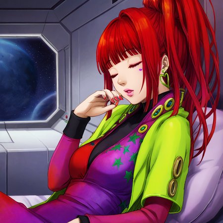 masterpiece, best quality, official artwork, 1girl, solo, sq,  red hair, jewelry, earrings, purple eyes, lips, nail polish, makeup, long hair, ponytail, jacket, dress, spaceship room background, sleeping on a bed
