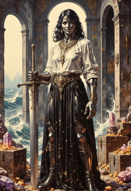 Realistic oil painting of a strong MetalFairy woman, with metallic chrome skin flowing black hair. She's wearing a flowing white blouse with a black leather pleated skirt, and black leather boots. The womans strong muscular frame grips a huge sword with one hand it's jagged blade glowing faintly with runic etchings. Her expression is that of amusement, her lips curved up in a smirk.  Adorning her chest are an arrangement of necklaces with ancient symbols. She stands in large room filled with treasure chests filled with gold and massive multicolored crystals, the windows in the room look down towards a raging sea. Her metallic skin sparkles with crystalline dust, and sweat trickles between her large breasts and huge muscles.