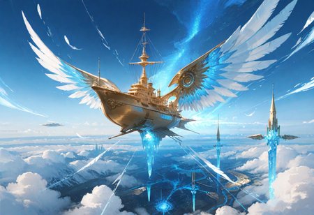 scifi, fantasy, masterpiece, best quality, great composition, ship, skyship, flying, sky, The Lumiere is a stunning, sky-faring ship that epitomizes elegance and grandeur. Its sleek, aerodynamic design combines ornate craftsmanship with functionality, making it a symbol of mastery in aerial engineering. The ship’s hull is primarily white, accented with intricate gold embellishments and flowing blue patterns, emphasizing its regal and ethereal nature.
Prominent wings, shaped like delicate feathers, extend from its sides, giving it the appearance of a celestial bird soaring through the heavens. A glowing crystal embedded at the front acts as a power source, radiating energy and light. The upper section features a grand control tower with arched windows and spires, offering breathtaking views of the endless sky.
With its gilded accents, magical aura, and ability to traverse the skies effortlessly, the Lumiere is not just a mode of transportation—it’s a flying masterpiece, blending fantasy and innovation in a seamless aerial design.