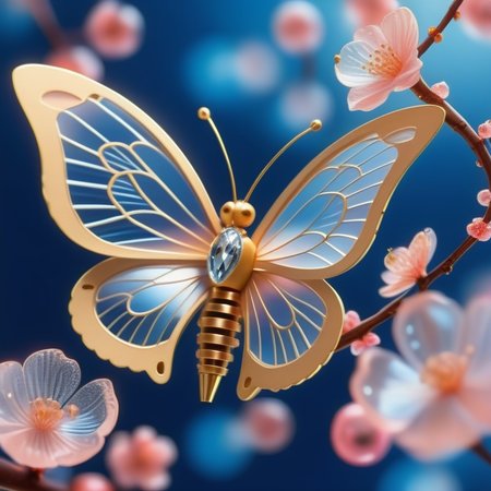 close up shot from the side, 85mm lens, a beautiful intricate mechanical clockwork butterfly, it should have bright beautiful vibrant colors,  it is standing on a branch of a cherry tree next to it is a blossoming cherry bud. avoid multiple butterfly's, deep blue background <lora:SDXLFaeTastic2400:1> <lora:lora:1>