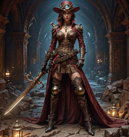 RAW photo, (masterpiece:1.3), subsurface scattering, heavy shadow, (high quality:1.4), (intricate, high detail:1.2), professional photography, HDR, High Dynamic Range, realistic, ultra realistic, photorealistic, high resolution, film photography, ambient lighting, atmospheric effects, <lora:detail_slider_v4:2>, OverallDetail, <lora:SteampunkChar:0.87>, 1girl, boots, buckle, gem, gloves, goggles around neck, hand on hip, hat, holding, holding sword, long hair, long sleeves, male focus, necklace, skirt, solo, standing, steamchar, thighhighs,