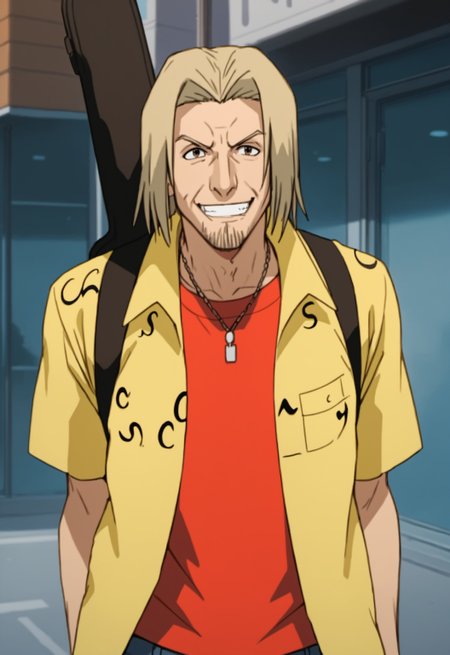 safe_pos, score_9, score_8_up, score_7_up, rating_nsfw, ultra hd, absurdres, best quality, best aesthetic, solo, 1boy, male focus, erotic, mature male, Expressiveh, wolfconf,

BleachShigeo, yellow shirt, red shirt, facial hair, blonde hair, stubble, guitar case, grin, teeth, looking at viewer