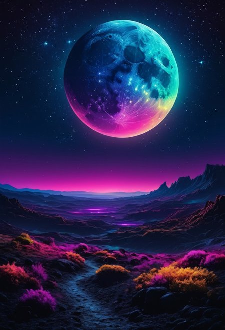 dark landscape, bright colors, neon, galaxy night sky, single large moon